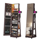 HNEBC 360° Swivel Jewelry Armoire with Mirror, LED Mirror Jewelry Cabinet Standing, Full Length Mirror with Jewelry Storage, Standing Jewelry Organizer/Lockable Wheels/Foldable Makeup Shelf (Brown) HNEBC