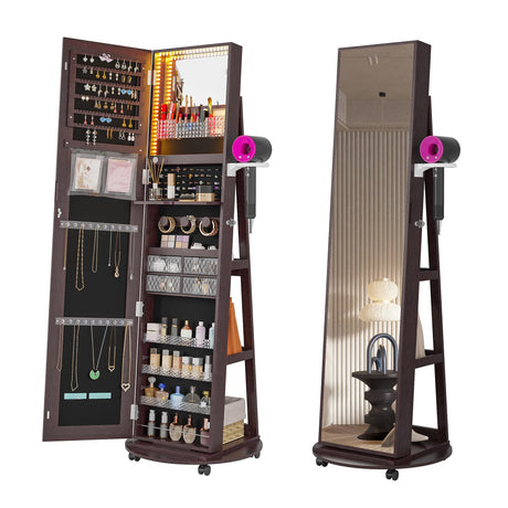 HNEBC 360° Swivel Jewelry Armoire with Mirror, LED Mirror Jewelry Cabinet Standing, Full Length Mirror with Jewelry Storage, Standing Jewelry Organizer/Lockable Wheels/Foldable Makeup Shelf (Brown) HNEBC