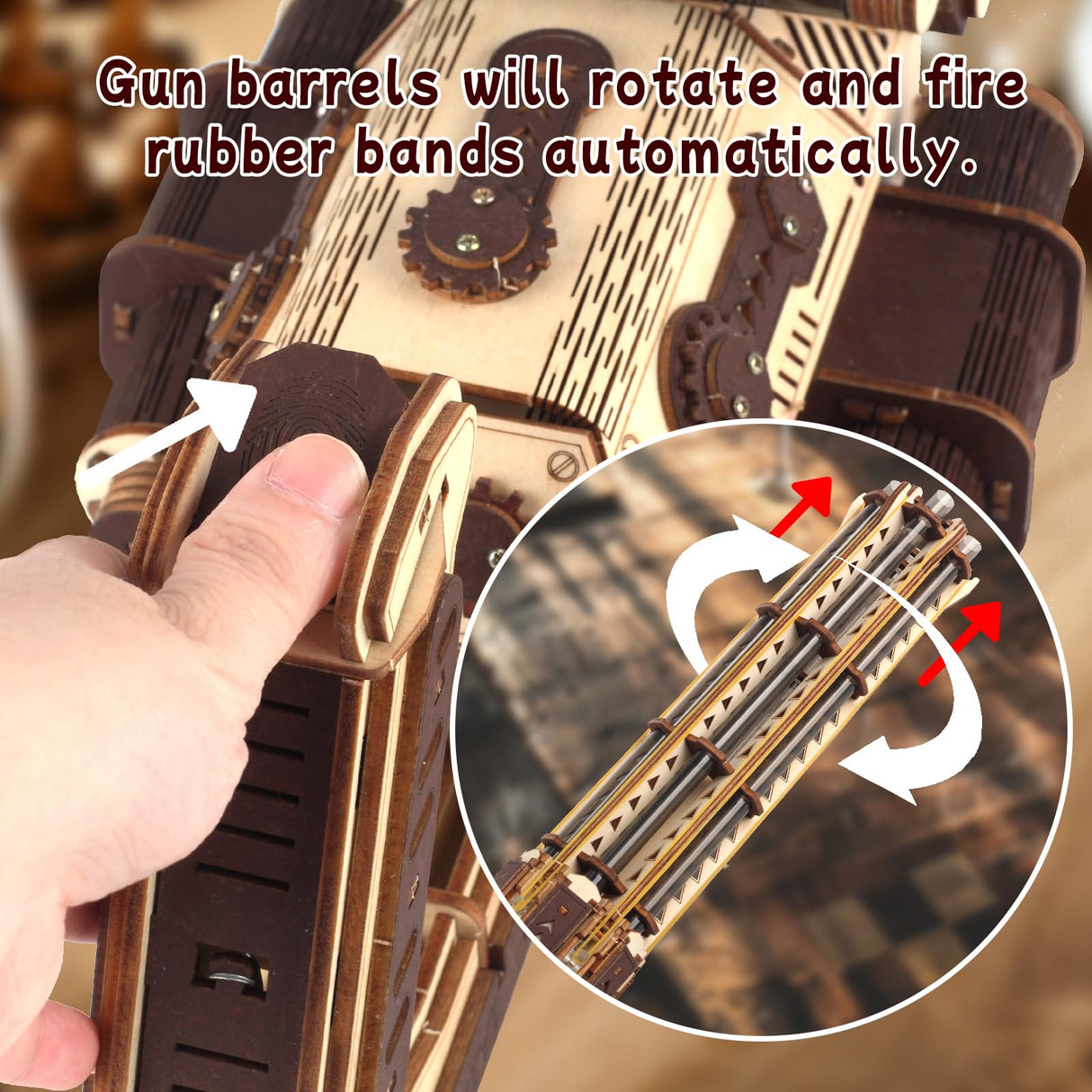3D Wooden Puzzle Gun for Adults, Rubber Band 3D Gun Puzzle, Electric Gatling Gun Model Building Kit, Wood 3D Puzzle, Hobby Kits for Men, Wooden Building Set for Adults Teens (272 PCS) OWNONE 1
