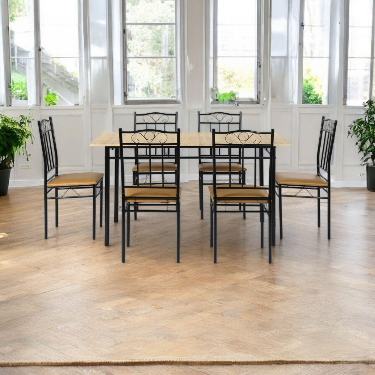 Homy Casa 7-Piece Modern Dining Set for 6, 55.1" Square Table with PVC Soft-Cushion Seats, Space-Saving Design, Metal Frames, Ideal for Small Kitchens, Apartments, and Dining Rooms, Light Yellow Homy Casa