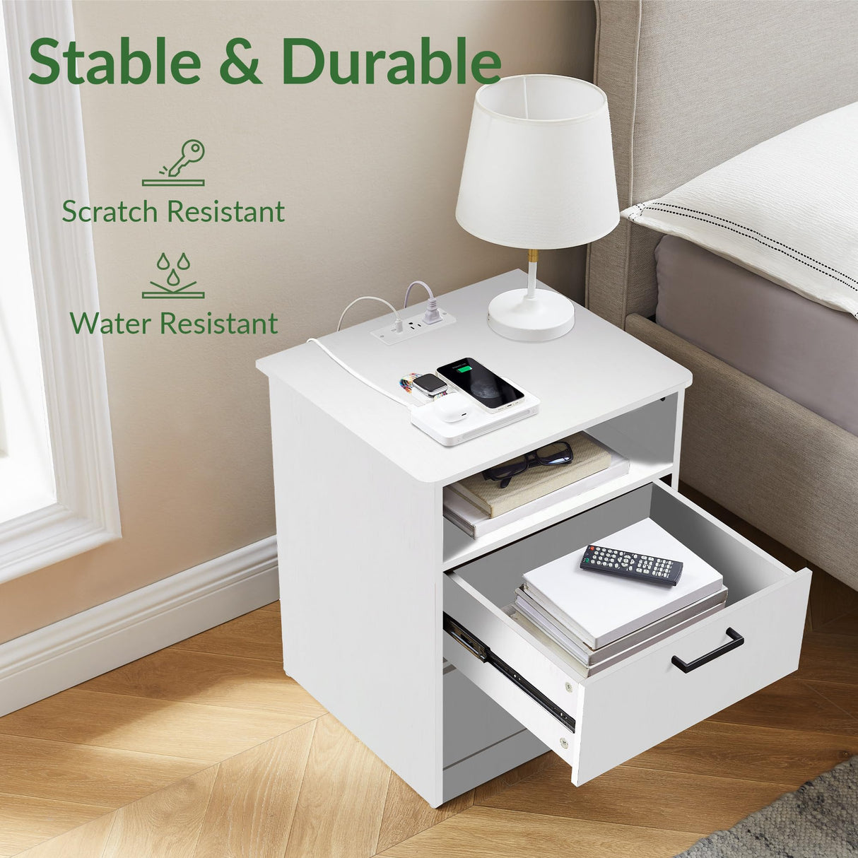 ODIKA Everyday Side Table with Fast Charging Station - USB C Cable Fast Charging, Wooden White Nightstand Bedside Table with 2 Drawers, End Table for Bedroom, Set of 1 ODIKA