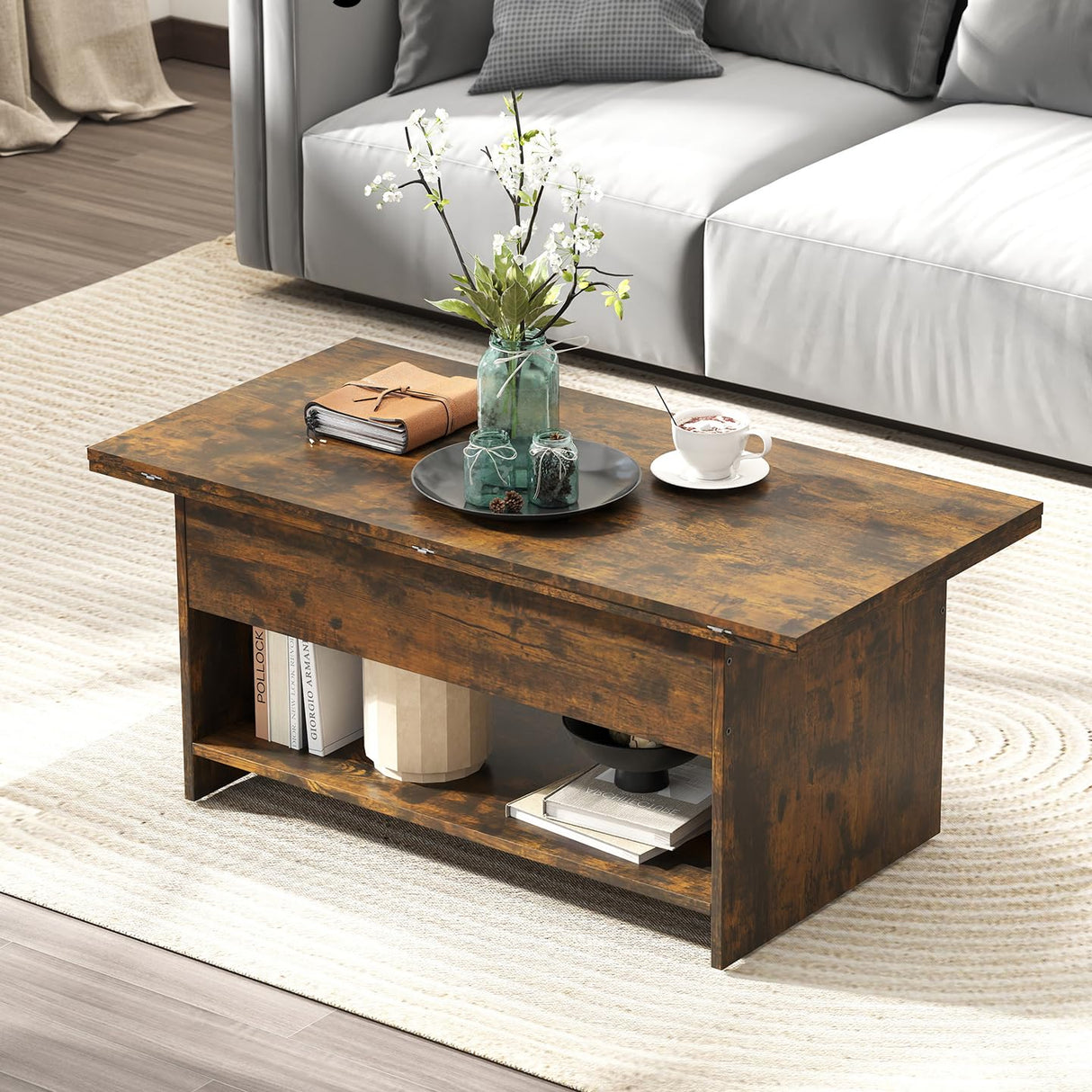 Manora 40'' Farmhouse Multi-Functional Lift-Top Coffee Table with Hidden Storage & Open Shelf, 4-in-1 Convertible Center Table for Living Room, Small Spaces, Dining or Home Office Workstation (Brown) Manora
