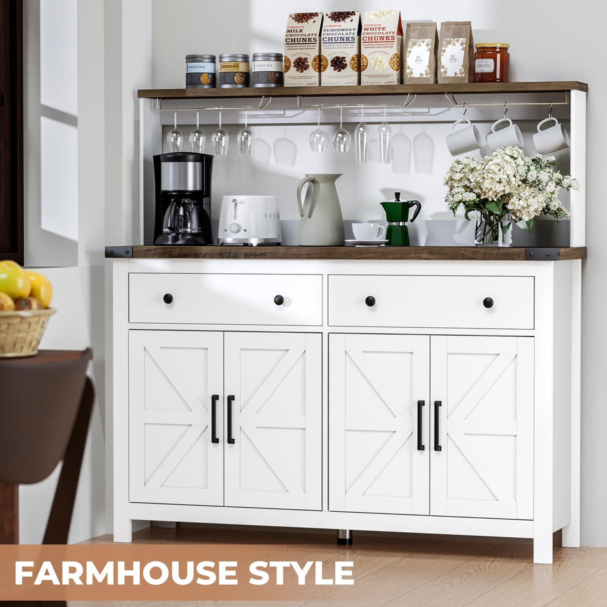 VVFLU Hutch Storage Cabinet Buffet with Drawers, and Charging Station, Coffee Bar Cabinet with Barn Doors, Wine Rack and Hooks, Countertop, Long Farmhouse, White, for Kitchen, Dining Room, 60" High VVFLU