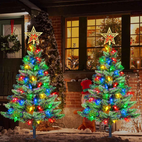 Upgraded Set of 2 Solar Christmas Tree, Outdoor Christmas Decorations,Prelit Xmas Tree w/ 100 LED Multi-color C6 String Lights for Outsdie Holiday Display Yard Front Porch Pathway Grave Cemetery Decor Abkshine
