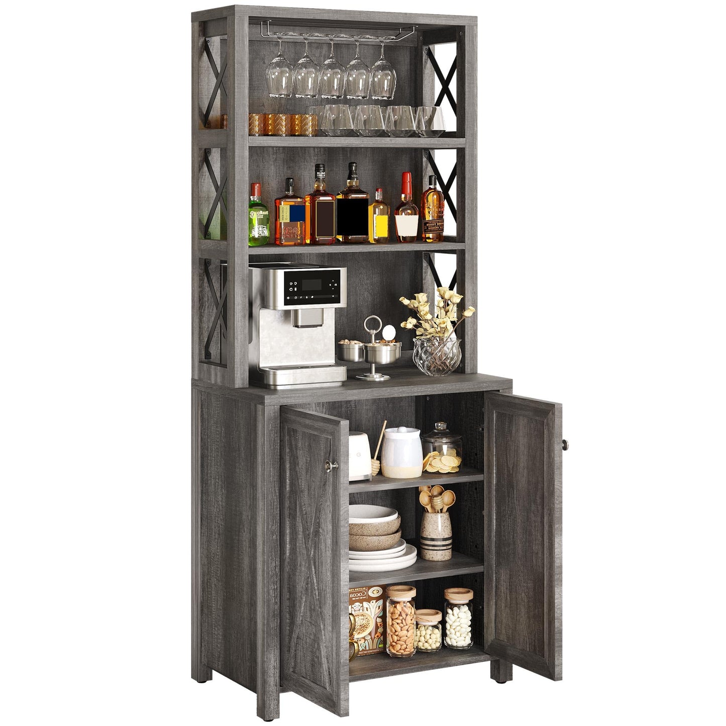 YITAHOME Kitchen Pantry Cabinet Storage Hutch with Microwave Stand Wine Rack, Freestanding Pantry Cabinet with Adjustable Shelves and Cupboard for Home, Dark Grey