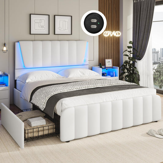 AOGLLATI White Queen Bed Frame with LED Headboard and 4 Storage Drawers - WoodArtSupply