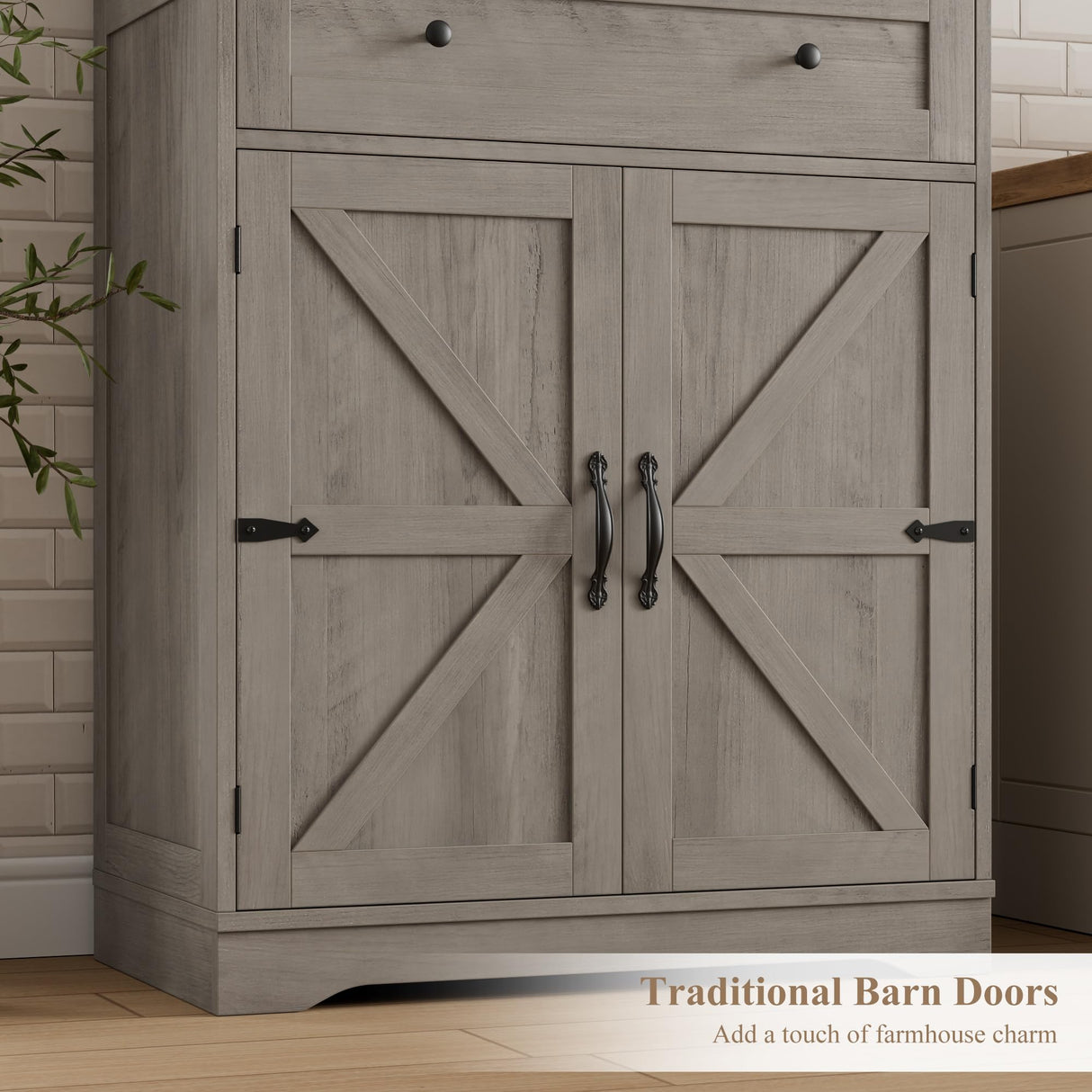 HOSTACK 71" Tall Pantry Cabinet, Farmhouse Kitchen Pantry with Storage Shelves, Barn Doors Food Storage Cabinet, Freestanding Kitchen Hutch with Large Drawer for Dining Room, Living Room, Ash Gray HOSTACK