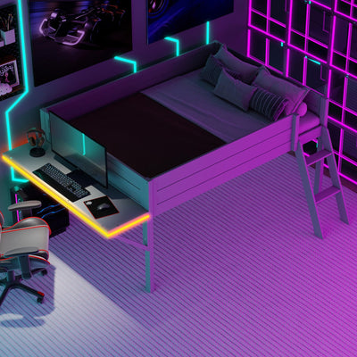Full Size Wood Loft Bed with Desk and LED, Gaming Loft Bed Frame with Ladder, Grey