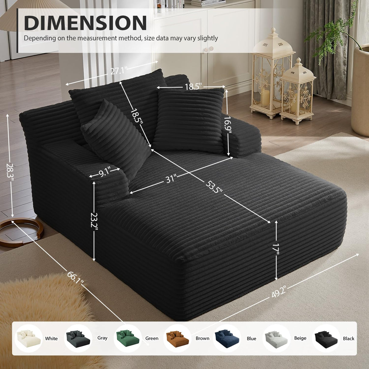 67 Inch Oversized Chaise Lounge Chair Indoor, Corduroy Upholstered Boneless Sofa Bed, Deep Seat Sleeper Couch Reading Chairs, Cloud Sofas Couches for Living Room, No Assembly Required (Black) HANXIN