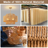 CLARSYNE 24'' Boho Rattan Chandelier, 4-Light Hand-Woven Wicker Pendant Lamp, Rustic Modern Ceiling Light Fixture for Dining Room, Kitchen Island, Living Room, Bedroom, Foyer, Entryway, Over Table CLARSYNE