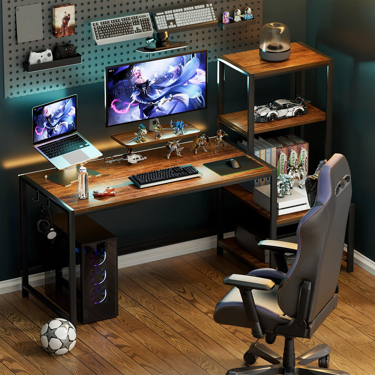 GreenForest Computer Desk 58 inch with Printer Shelf, Reversible Office Desk with Monitor Stand and 2 Hooks, Home Desk Workstation for Study Writing Working Gaming, Brown GreenForest