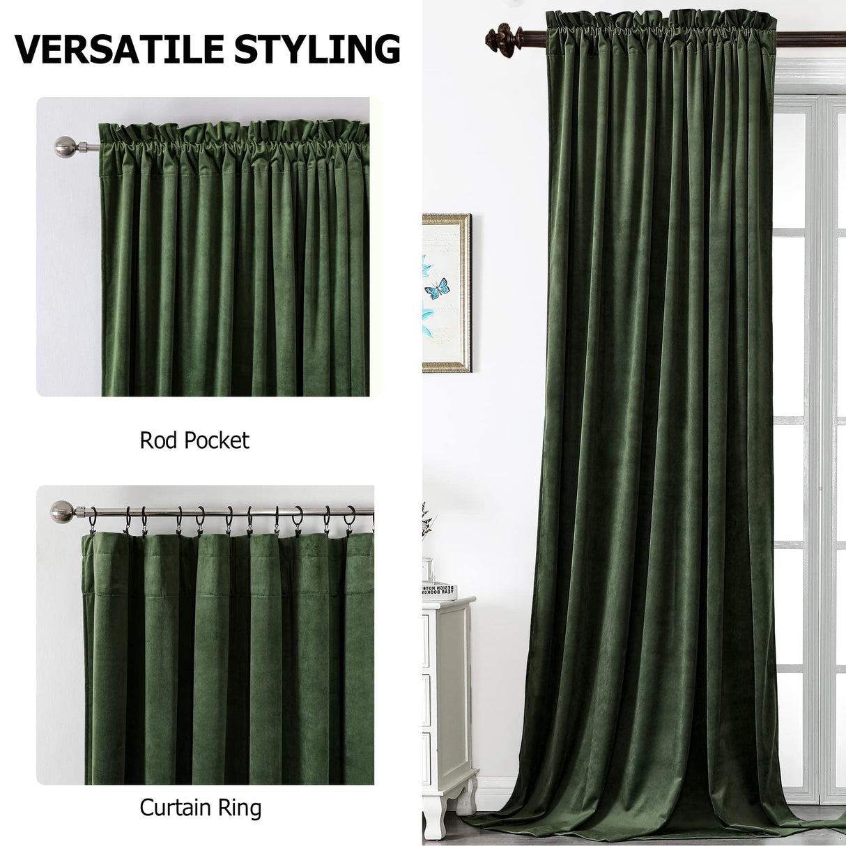 Benedeco Blackout Green Velvet Curtains for Bedroom Window, Light Filtering Drapes for Living Room Darkening Soundproof Thermal Curtain Rod Pocket 52 x 96 inches Long Length Set of 2 Panels Benedeco