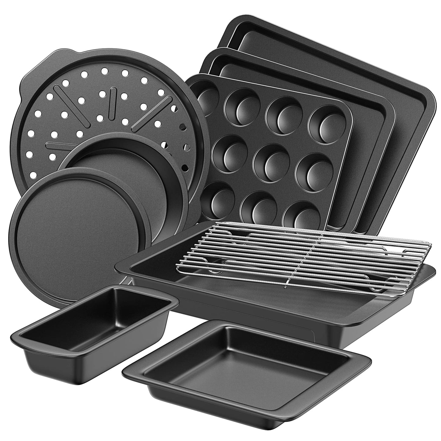 HONGBAKE Bakeware Sets, Baking Pans Set, Nonstick Oven Pan for Kitchen with Wider Grips, 10 Pieces Including Rack, Cookie Sheet, Cake Pans, Loaf Pan, Muffin Pan, Pizza Pan - Grey