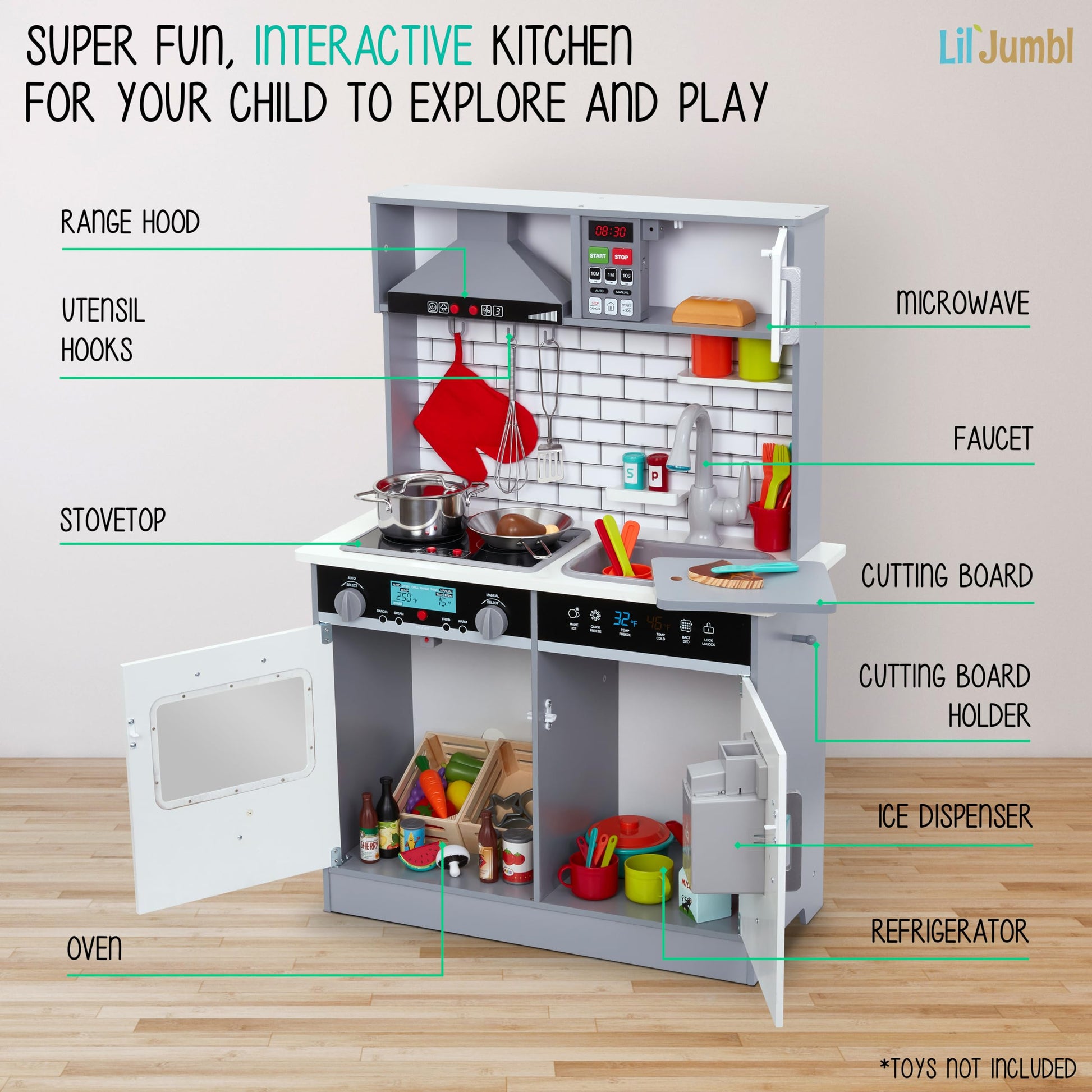 Lil' Jumbl Jumbl Kids Kitchen Set, Pretend Wooden Play Kitchen, Includes Range Hood, Microwave, Stove Top, Oven That Make Realistic Sound & Light, Pots, Pan, Cutting Board & Utensils Included - WoodArtSupply