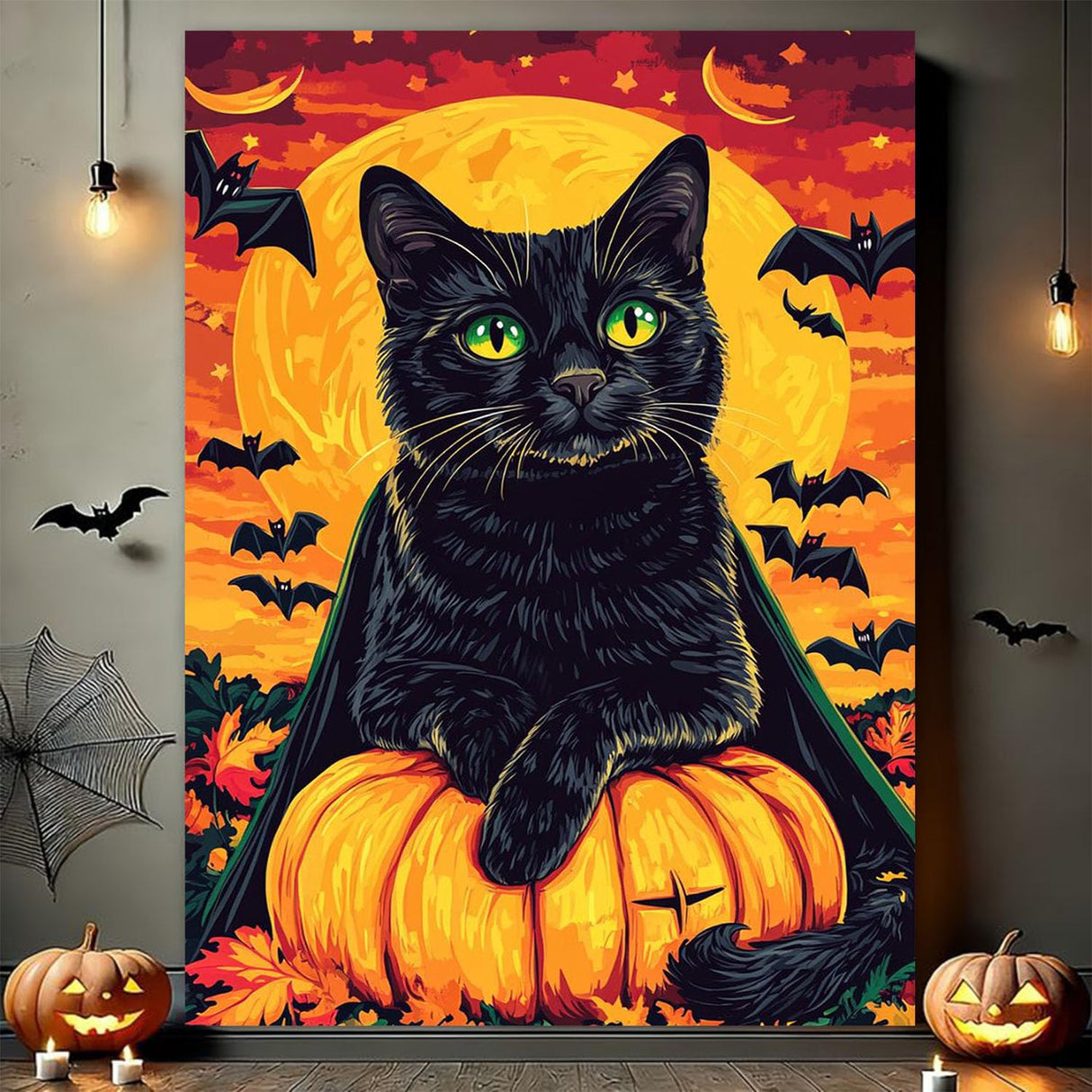 Gemozaic Halloween Paint by Numbers Kit for Adults Beginner- Black Cat Adult Paint by Number Kits on Canvas, Halloween Acrylic Oil Painting by Numbers Kits for Home Wall Decor 16X20 Inch Gemozaic