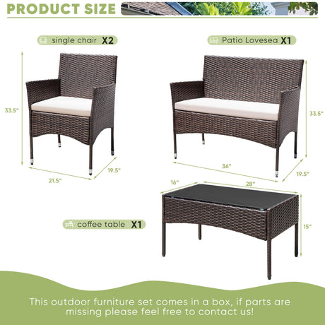 Greesum Patio Furniture 4 Pieces Conversation Sets Outdoor Wicker Rattan Chairs Garden Backyard Balcony Porch Poolside loveseat with Cushion and Glass Table, Brown and Beige Greesum