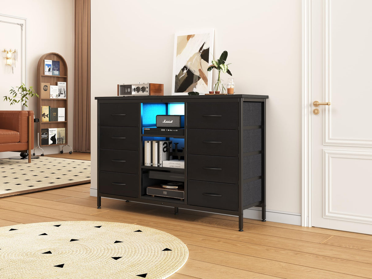 COTUBLR Fits 55" TV Stand Dresser for 50 55 60 Inch TV Dresser TV Stand with Power Outlets & LED Lights & 8 Drawers Dresser with PU Finish, 47 Inches TV Console with Open Shelves, for Bedroom COTUBLR