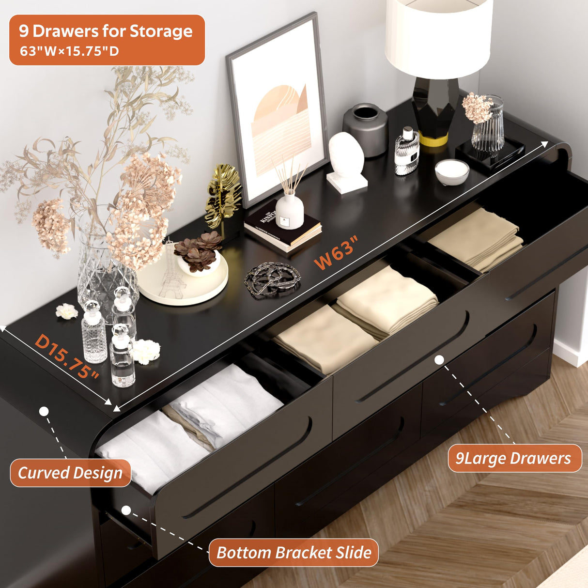 Dresser for Bedroom with 9 Drawers, 63" Large Modern Dressers & Chest of Drawers with Curved Profile Design, Wood Closet Clothes Storage Long Dressers Organizer for Bedroom Living Room Hallway, Black SOLACE FURNITURE