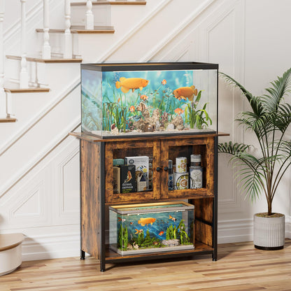 40-50 Gallon Fish Tank Stand: Large Metal Frame Double Aquarium Stands with Cabinet for Fish Tank Accessories Storage | Turtle Reptile Breeder Tank Terrarium Table Stand, 900LBS Capacity Brown