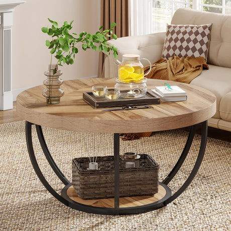 Tribesigns Round Coffee Table, Modern 2-Tier Center Table with Storage Open Shelves, Wooden Circle Coffee Table Sofa Side Table with Metal Legs for Living Room, Wooden Grain and Black Tribesigns