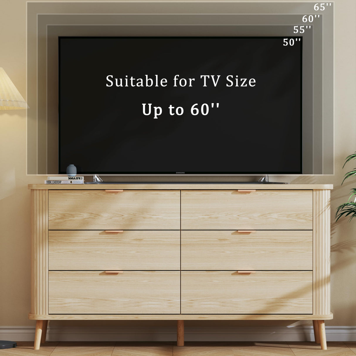 HUAHUU Fluted 6 Drawers Dresser for Bedroom, 55" Mid Century Modern Dresser & Chests of Drawers, Curved Profile Design, Dressers TV Stand, Wood Storage for Hallway, Entryway, Oak HUAHUU