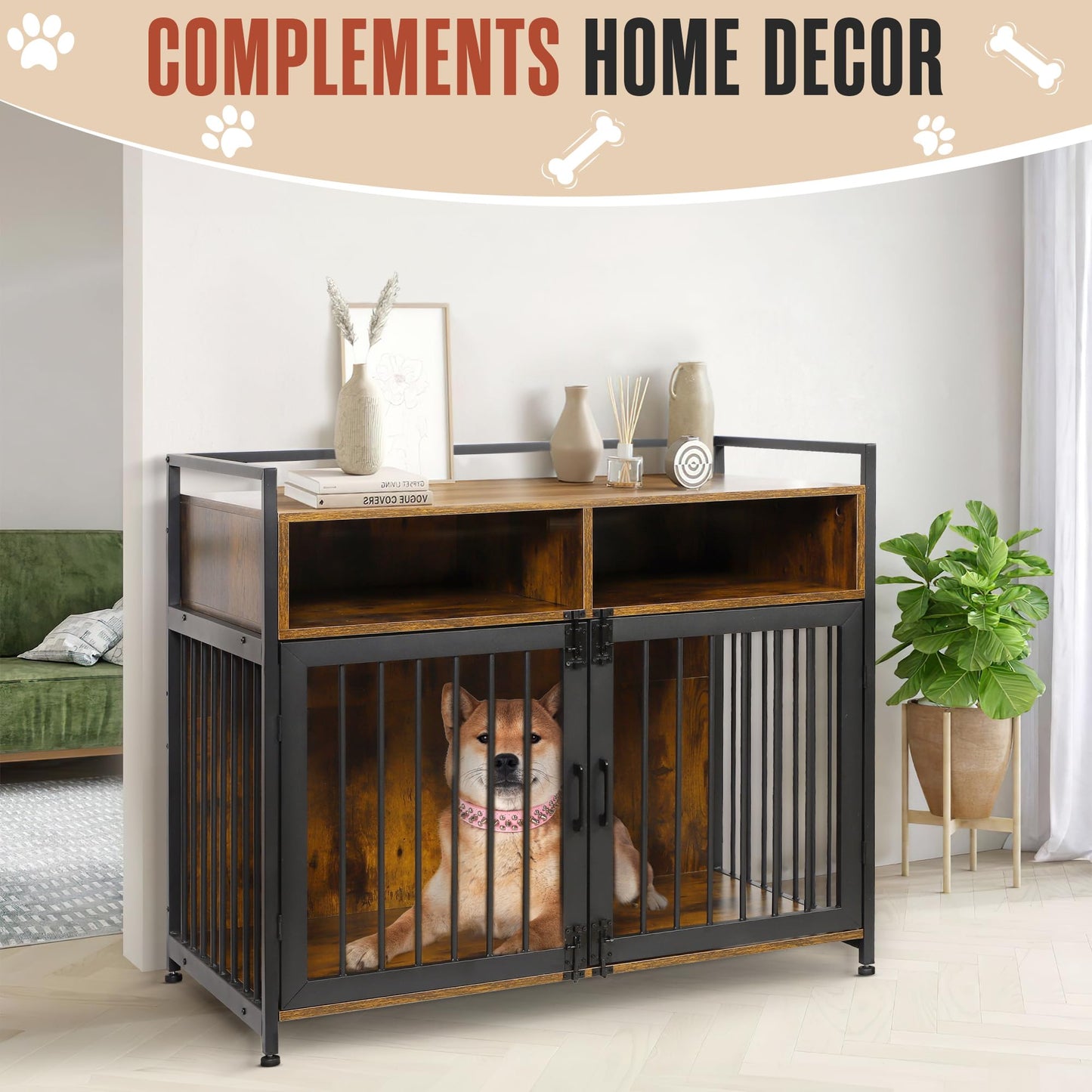 Houseables Dog Crate Furniture, Dog Kennel Indoor, Medium Dog Crate, Dog Kennel Furniture, 41 Inch, Metal, Rustic Brown Wood, Dog Crate Table, Wooden Dog Crate Furniture, Furniture Crate for S-M Dogs