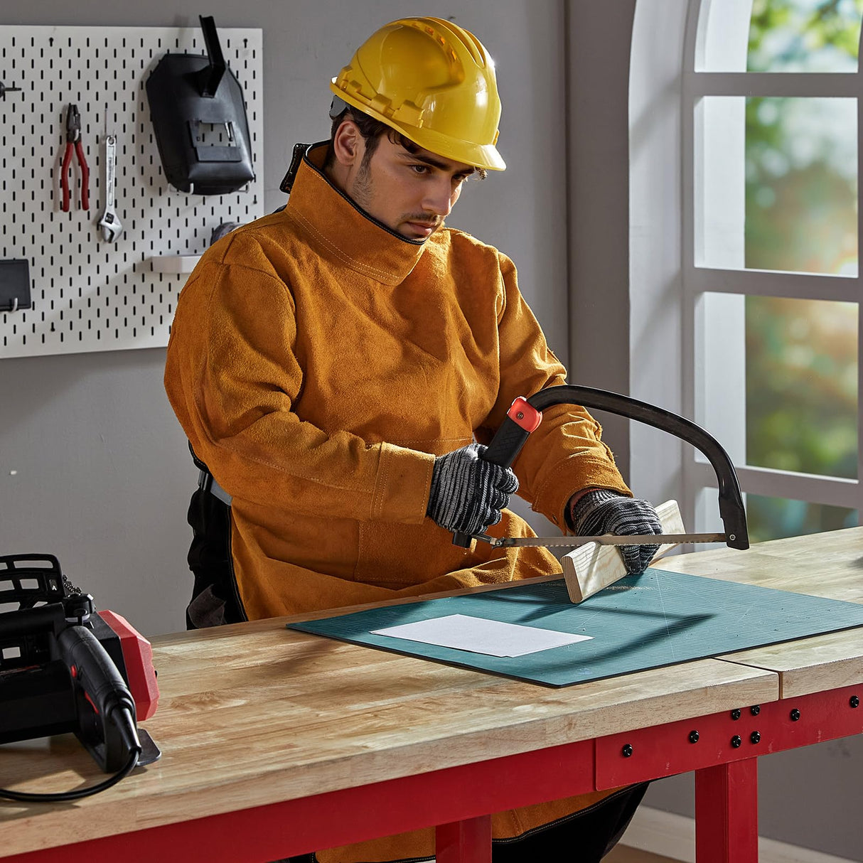 Albott Adjustable Workbench, 28.7-38.6" Height, Rubber Wood Top, Heavy-Duty Design with Power Outlets & Hooks, 2000 LB Capacity for Garage, Workshop, Home, or Office，Red Albott