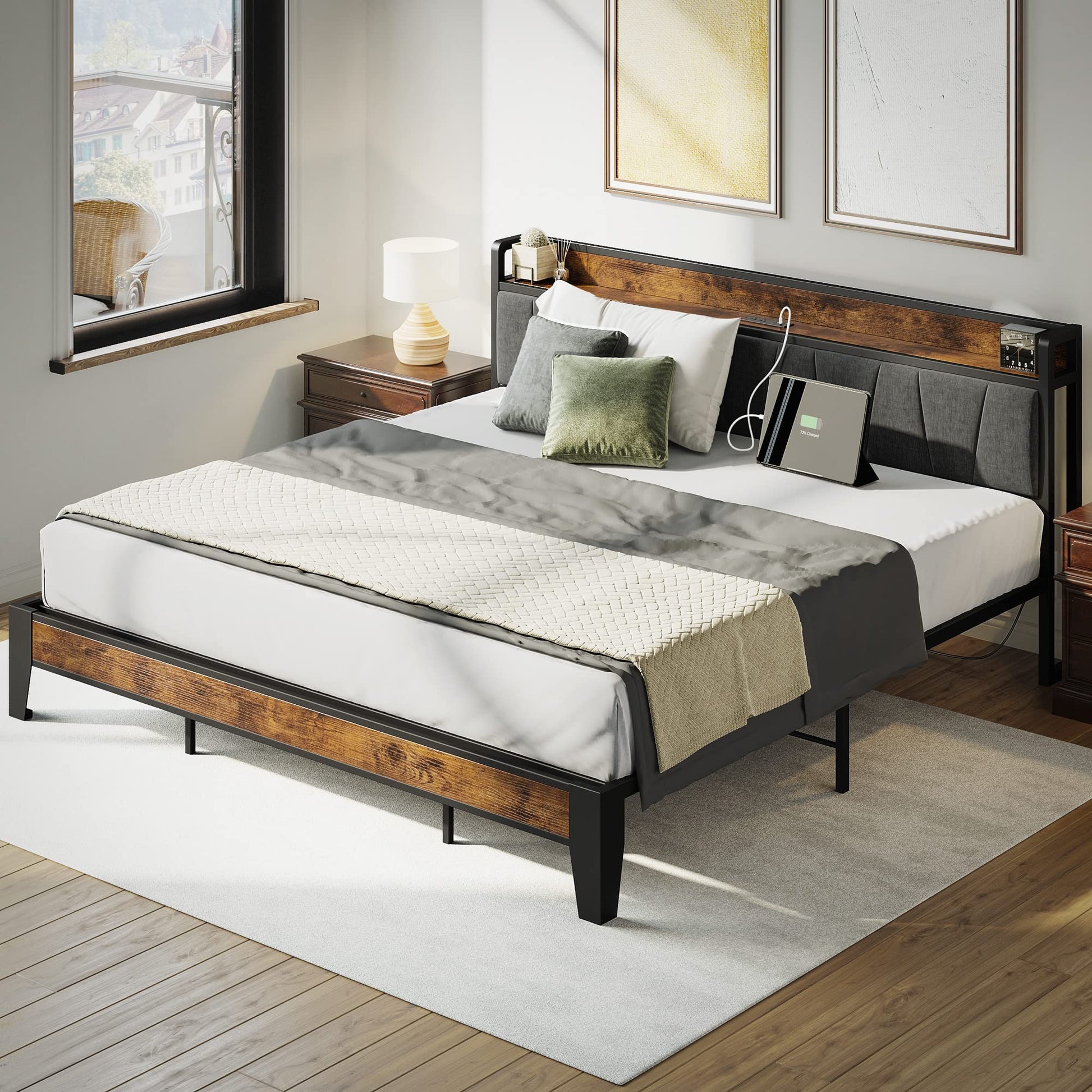 LIKIMIO King Size Bed Frame with Storage Headboard and Charging Station, Solid Construction, Easy Assembly - WoodArtSupply