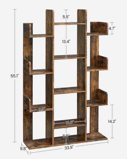 VASAGLE Tree-Shaped Bookshelf with 13 Shelves in Rustic Brown - WoodArtSupply