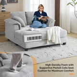 VINGLI 56" Oversized Chaise Lounge Chair, Light Grey Comfy Corduroy Chaise Sofa Recliner Bed Upholstered Sleeper Couch Bed with Throw Pillows and Armrests for Living Room, Movie Room, Bedroom VINGLI