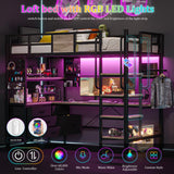 busyaeh Twin Size Loft Bed with L-Shaped Desk and Storage, Bunk Bed with Desk Underneath Drawers, Metal Twin Loft with Clothes Rail, Safety Guard & Stairs, LED Lights, Charging Station, Oak Gray busyaeh