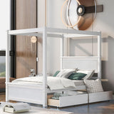 Full Size Canopy Bed with 2 Storage Drawers, 4-Post Wood Full Platform Bed Frame with Headboard, No Box Spring Needed - Brushed White Bellemave