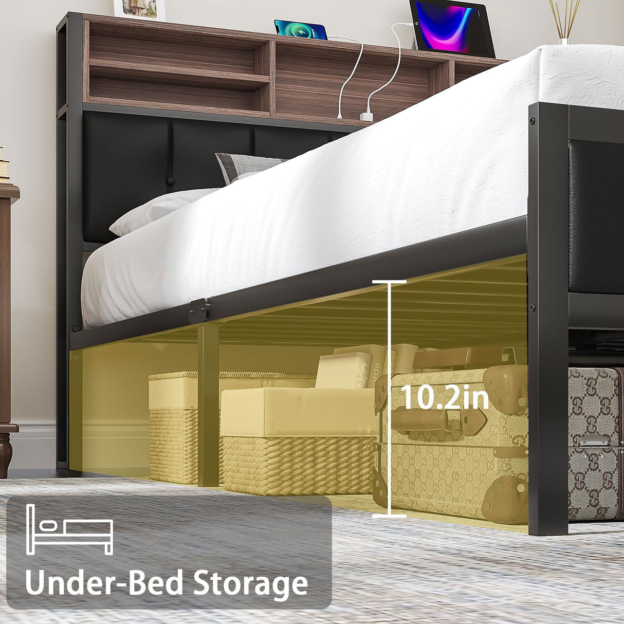 VECELO Farmhouse Metal Bed Frame Twin Size with Wooden Headboard & Footboard, Solid Platform Mattress Foundation with Storage, LED Light, Charging Station, USB Ports, Noise-Free, Easy Assembly, Black VECELO