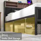 VECELO Farmhouse Metal Bed Frame Twin Size with Wooden Headboard & Footboard, Solid Platform Mattress Foundation with Storage, LED Light, Charging Station, USB Ports, Noise-Free, Easy Assembly, Black VECELO