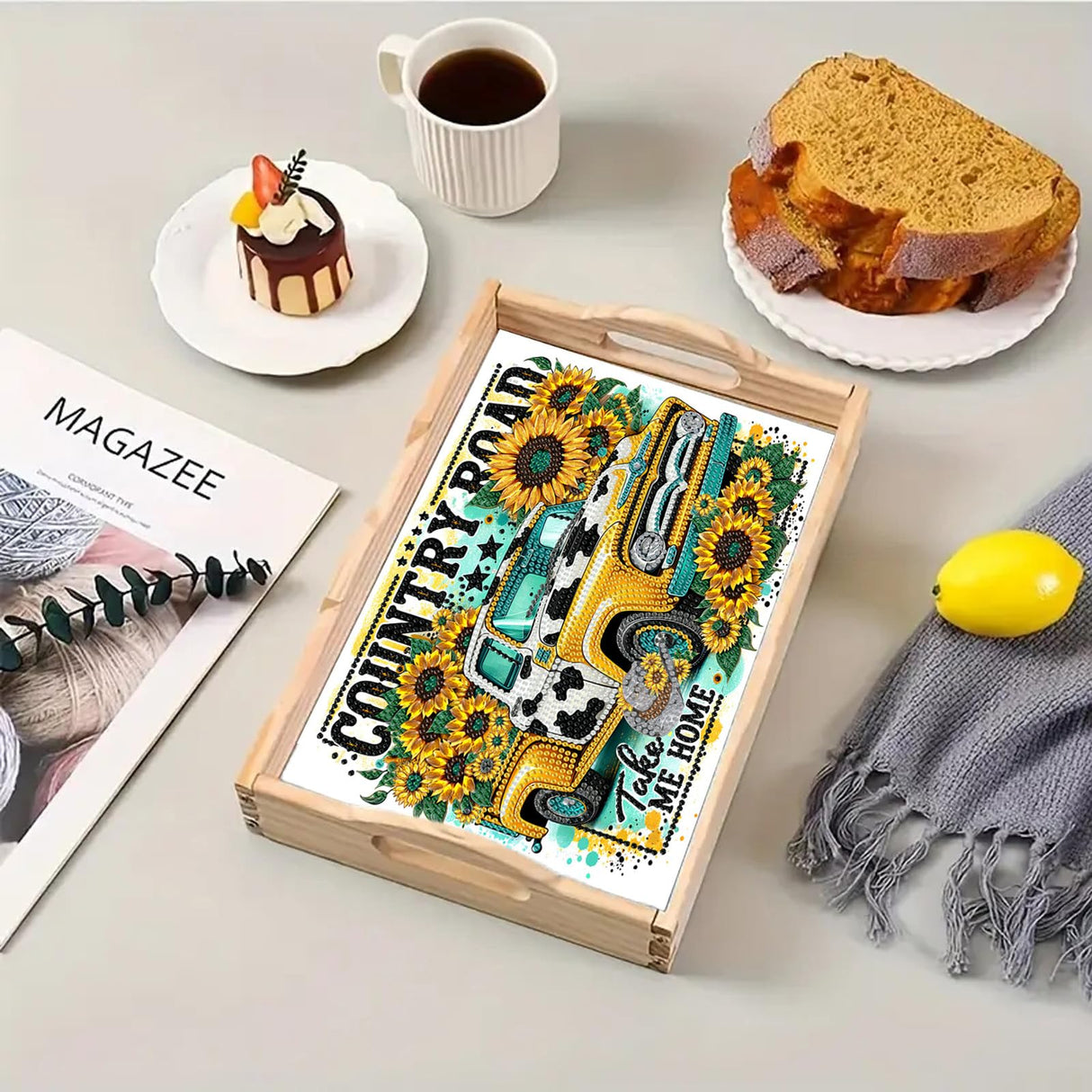 DoxQcs DIY Diamond Art Wooden Tray Kit Easter Food Tray with Handle Diamond Painted Table Decoration Tray for Breakfast Bar Dinner Table Diamond Art Painting for Beginners-#02-Sunflower Car DoxQcs