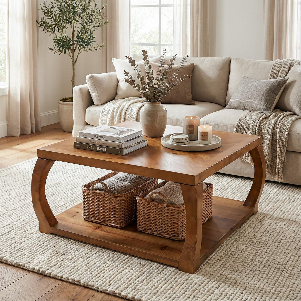 TRIBEWOOD 31.49“ Square Solid Wood Coffee Table, Farmhouse Center Table with Storage, Accent Cocktail Table for Living Room, Brown TRIBEWOOD