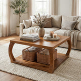 TRIBEWOOD 31.49“ Square Solid Wood Coffee Table, Farmhouse Center Table with Storage, Accent Cocktail Table for Living Room, Brown TRIBEWOOD