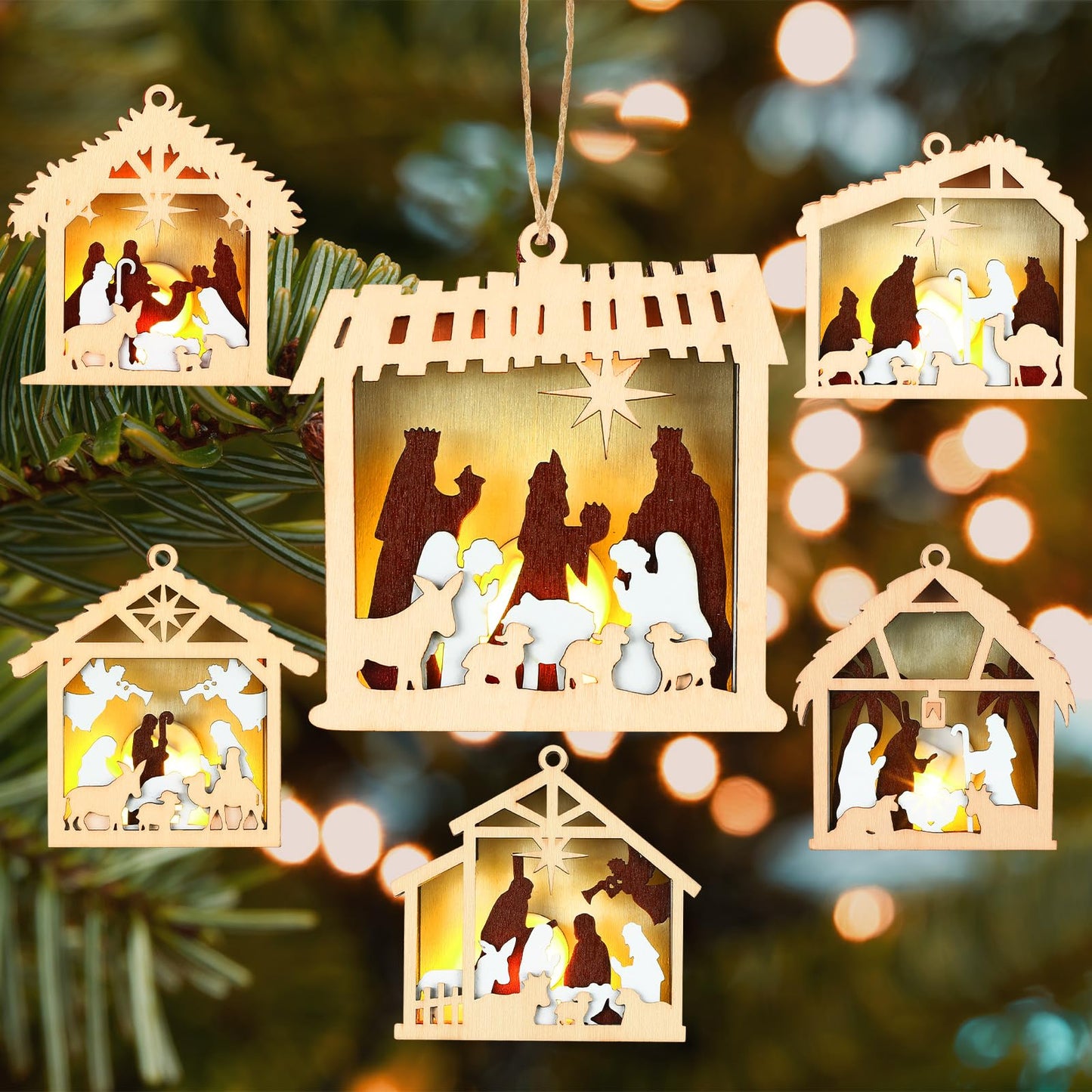 Anglechic 6 Pcs LED Nativity Scene Wooden Ornament 3D Christmas Religious Ornaments Rustic Light up Nativity Hanging Ornaments for Birth of Jesus Xmas Tree Christian Gift Holiday Party Decor(House)