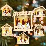 Anglechic 6 Pcs LED Nativity Scene Wooden Ornament 3D Christmas Religious Ornaments Rustic Light up Nativity Hanging Ornaments for Birth of Jesus Xmas Tree Christian Gift Holiday Party Decor(House) Anglechic