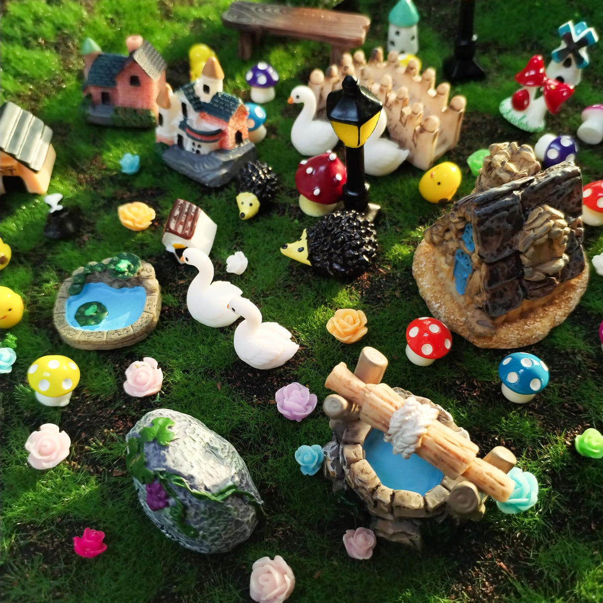 67PCS Cute Fairy Garden Accessories Miniature Figurines Mini Resin Animals Flower Tree House Bridge Mini Figurines Micro Landscape Decoration Fairy Garden Potted Plant Terrarium Decor Outdoor RFSRZ