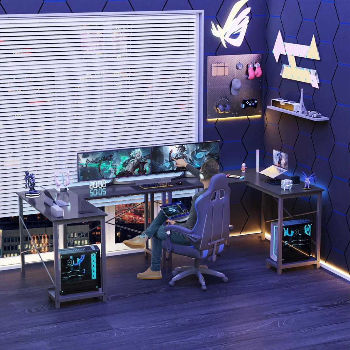 L-Shaped Wooden PC Desk for Gaming and Work - 50 Inch Writing Space-Saving Corner Table with CPU Storage Shelf, Side Bag, Home, Office, Black HOMEE