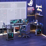 L-Shaped Wooden PC Desk for Gaming and Work - 50 Inch Writing Space-Saving Corner Table with CPU Storage Shelf, Side Bag, Home, Office, Black HOMEE