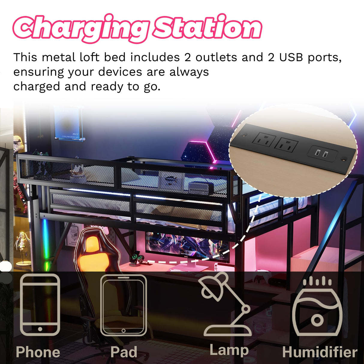 Metal Loft Bed with Desk and RGB LED Lights, Full Size Loft Bed with Stairs and Charging Station,Kids Loft Beds with Storage Shelves for Upper and Wardrobe,Loft Beds Frame for Kids Teens, Black Duxelifin