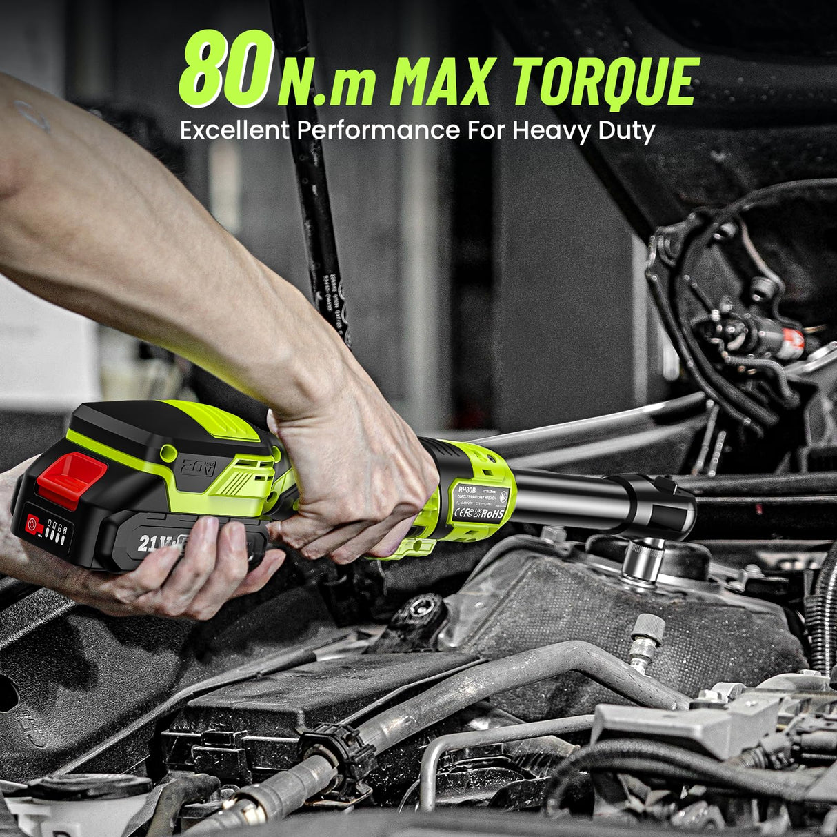 Robustrue 3/8" Cordless Ratchet Wrench, 58Ft-lbs (80N.m) 400RPM Light Weight Electric Ratchet, 6'' Extended Neck, 2x2.0Ah Battery, 8 Sockets, 3" Extension Bar, LED Light (RH80B) Robustrue