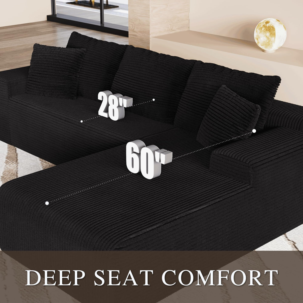 GLAMOUT 105" Convertible Sectional Couch with L-Shape Chaise, Modern Modular Sofa with Deep Seat, 3-Seater Comfy Cloud Couches for Living Room, Bedroom, No Assembly Required, Black GLAMOUT