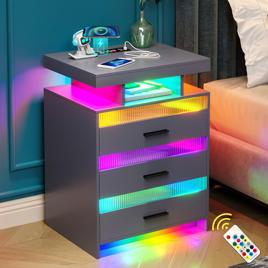 WOOVIVS LED Nightstand with USB/Type-C/Wireless Charging Station,Smart Night Stand with 24-Color Auto RGB LED Light, Bedside Table with 3 Drawers, End Table for Bedroom Furniture (Grey)