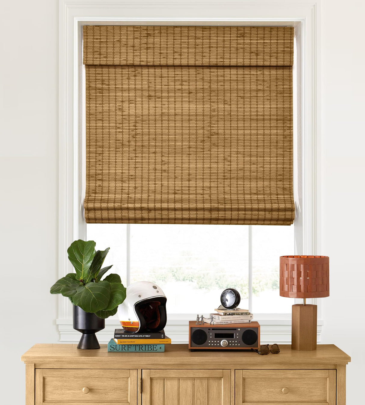LazBlinds Cordless Bamboo Roman Shades, Privacy Blinds for Interior Windows, Room Darkening Roll Up Bamboo Blinds for Home & Patio, 52" W x 40" H, Privacy-Eastfield Teak LazBlinds