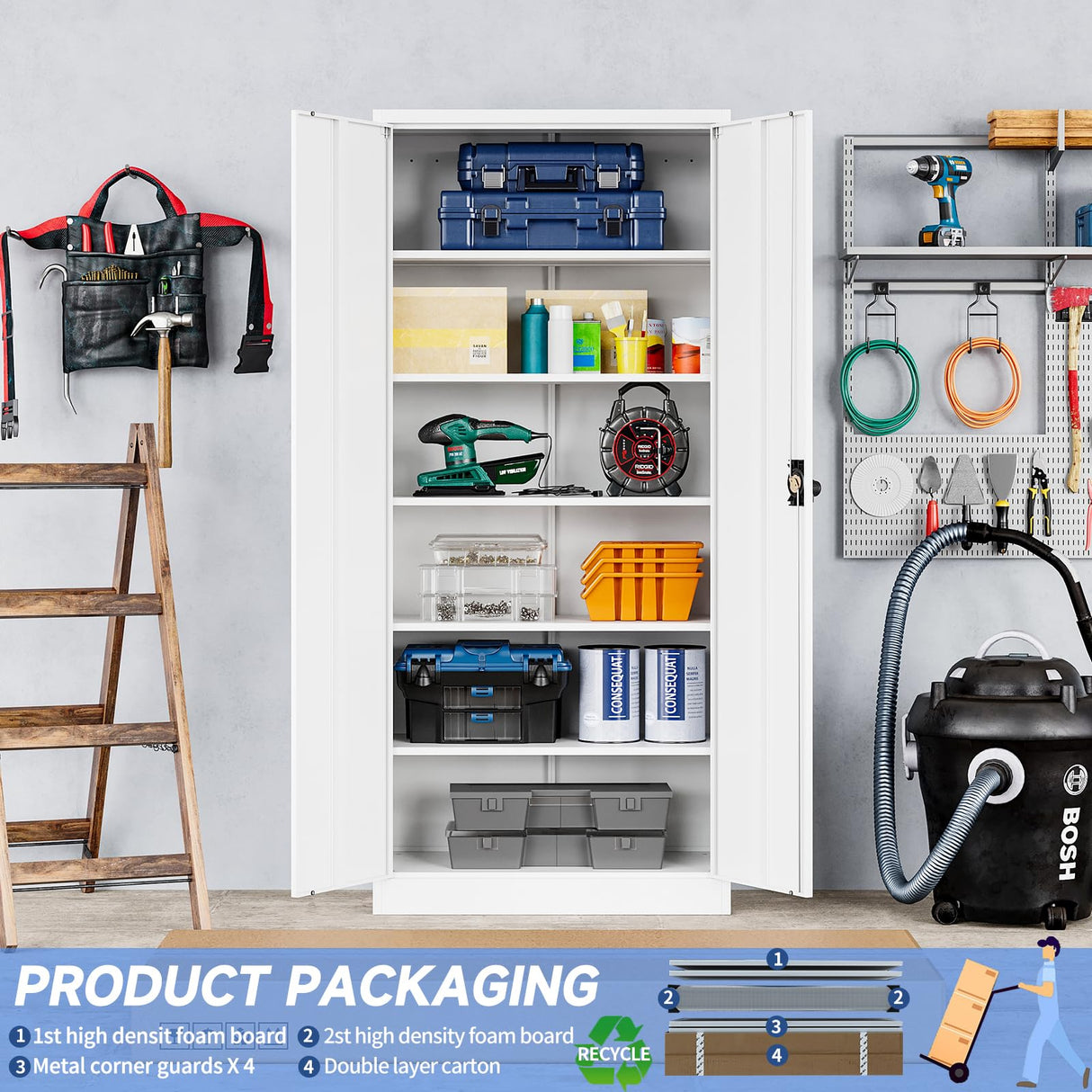 Yizosh Metal Garage Storage Cabinet with Lock, 71" Locking Tool Cabinet with 2 Doors and 5 Shelves, Tall Steel Cabinet for Garage, Heavy Duty File Cabinet for Office, School (White) Yizosh