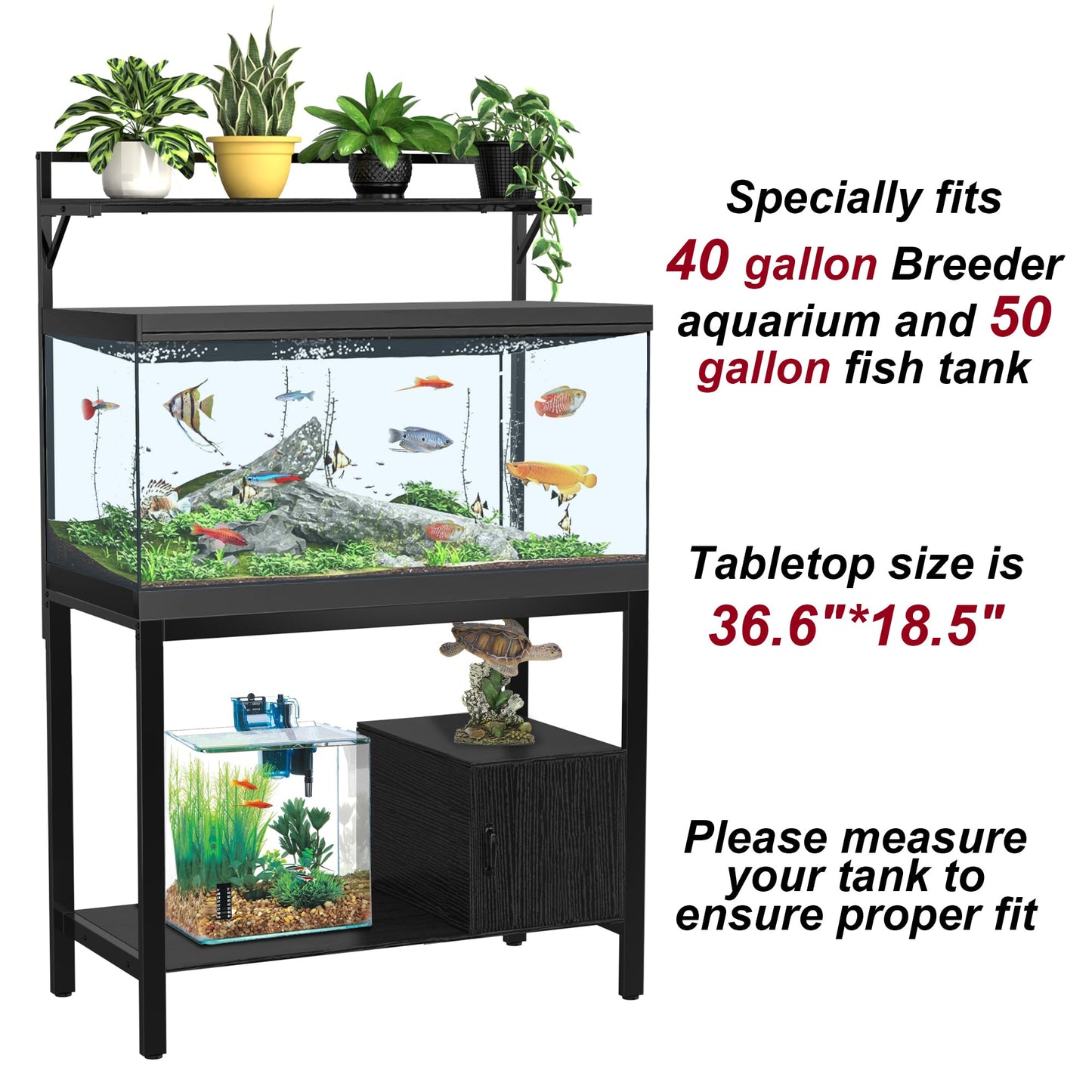 GDLF 40-50 Gallon Fish Tank Stand with Plant Shelf Metal Aquarium Stand with Cubby Storage 36.6" x 18.5" Tabletop fits Aquarium,Turtle Tank,or Reptile Terrariums - WoodArtSupply