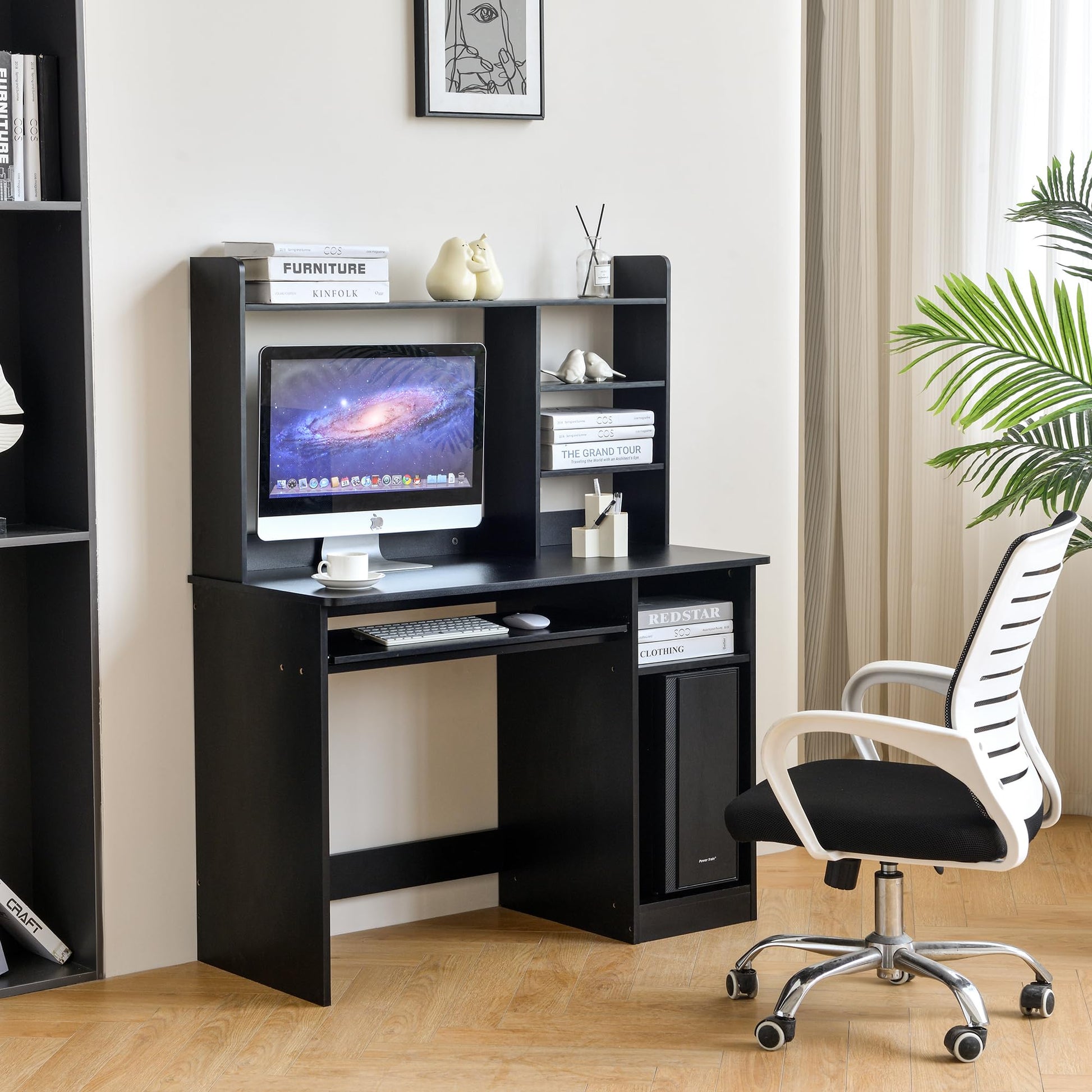 ROCKPOINT Axess Black Computer Desk with Hutch and Keyboard Tray for Home Office and Study - WoodArtSupply